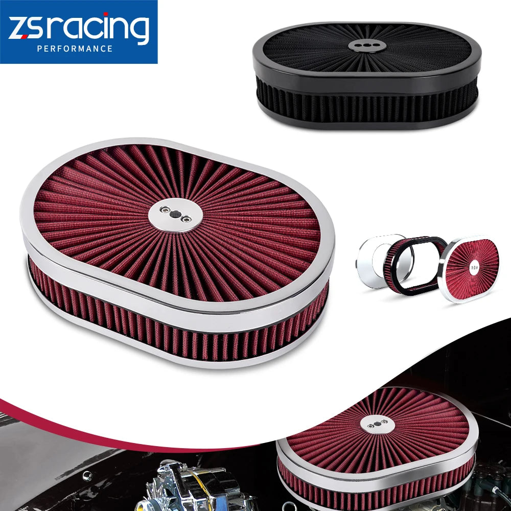 ZSRacing 12"x2" Oval Super Flow Thru Air Cleaner Washable For SBC Chevy Ford Chryler Dodge 5-1/8 Carb Neck OFI131