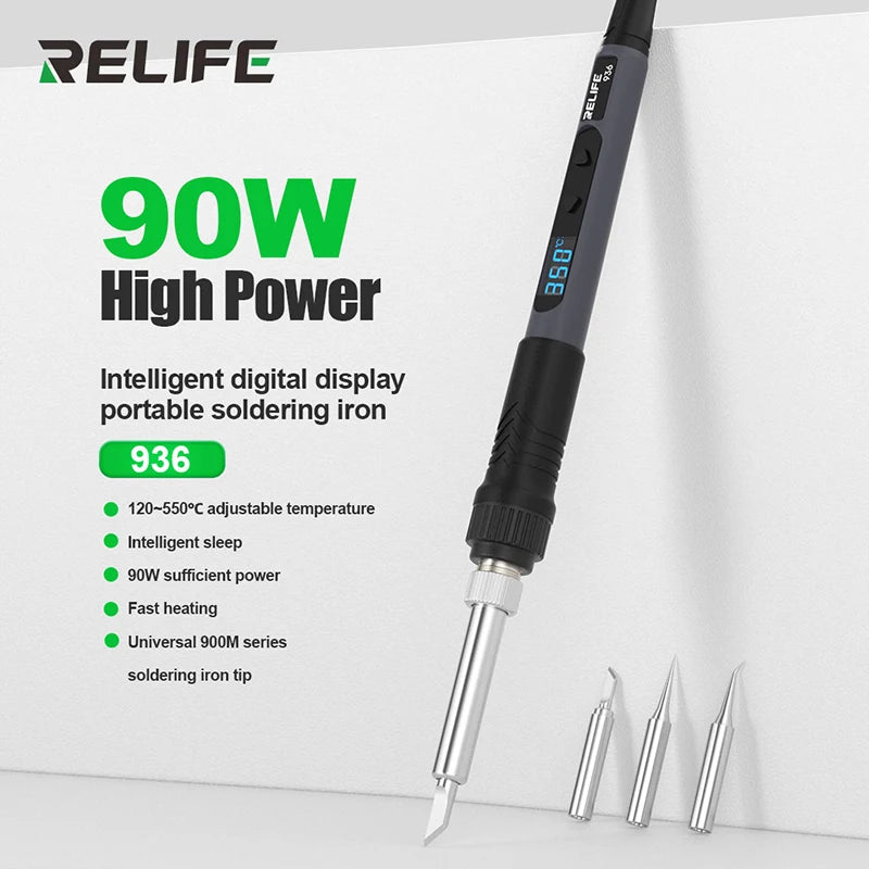 RELIFE 936 90W Intelligent Digital Display Portable Soldering Iron 120~550℃ Adjustable Supports 900M Series Soldering Iron Tips