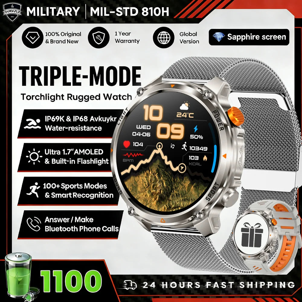 2026 New Fashion Luxury 1100mAh Battery 1.7-inch HD Screen Compass Wireless Call Flashlight 100+Sports Outdoor Sports smart