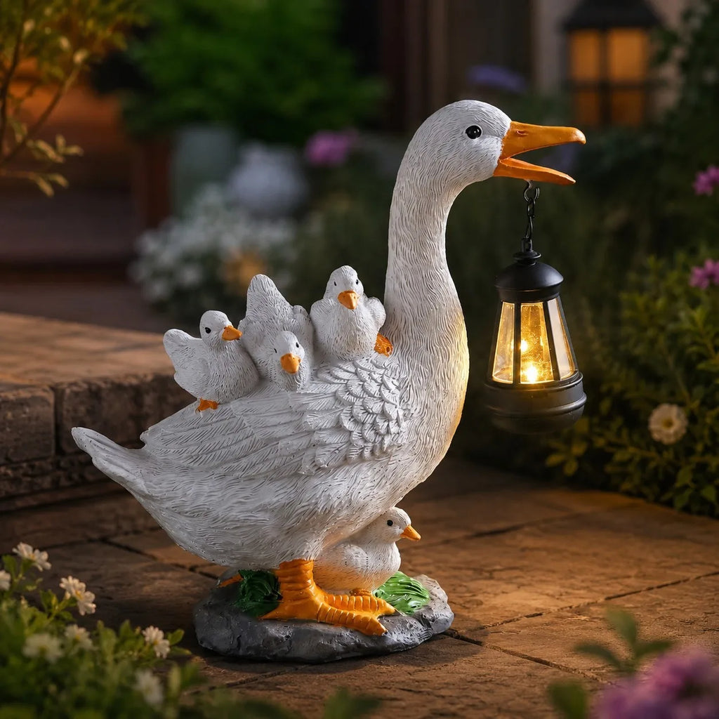 Solar Duck Garden Statue With Lantern, Resin Goose Family Figurine LED Light Waterproof Outdoor Home Decor For Patio, Lawn, Pond
