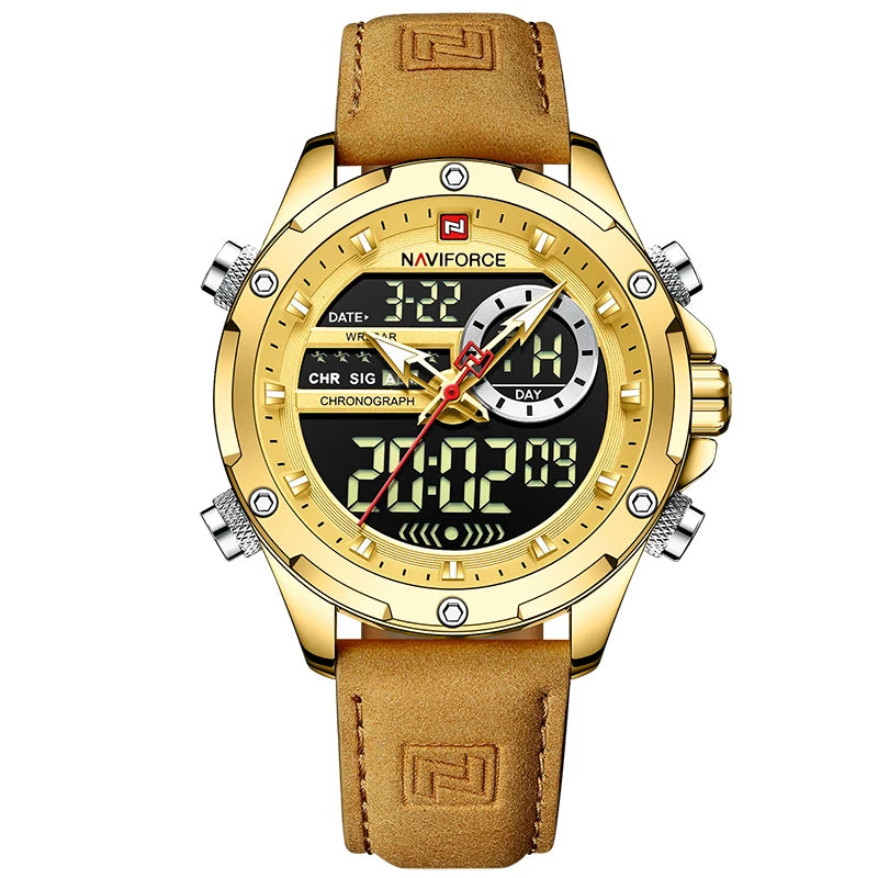 NAVIFORCE Men's Digital Quartz Sport Watch LED Waterproof Wristwatch, Gold Black