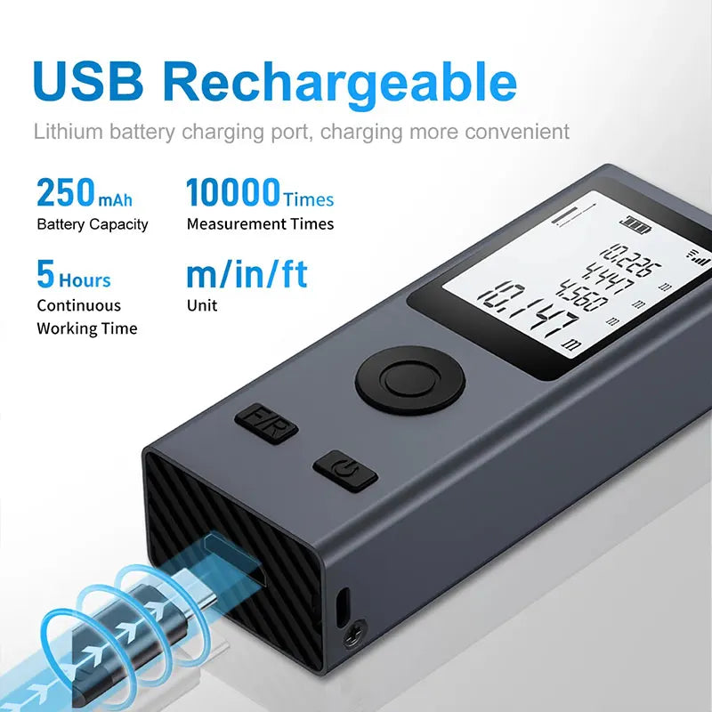 Mini Laser Rangefinder Digital Tape Measure Laser Ruler USB Charge Aluminum Alloy Fuselage Measuring Distance: 30/50/60m