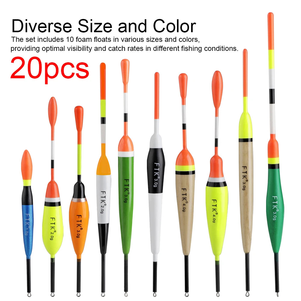 FTK Fishing Float Set 20pcs Vertical Buoy Lure Float Accessories, Multi-Function
