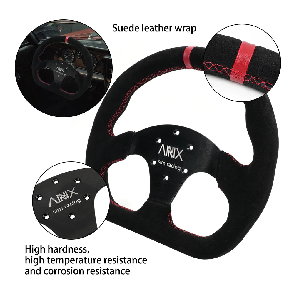 Universal 325mm/12.8inch Black Flat D Shape Suede Leather Steering Wheel 70mm-PCD For Most Vehicles & Sim Racing Game STW043