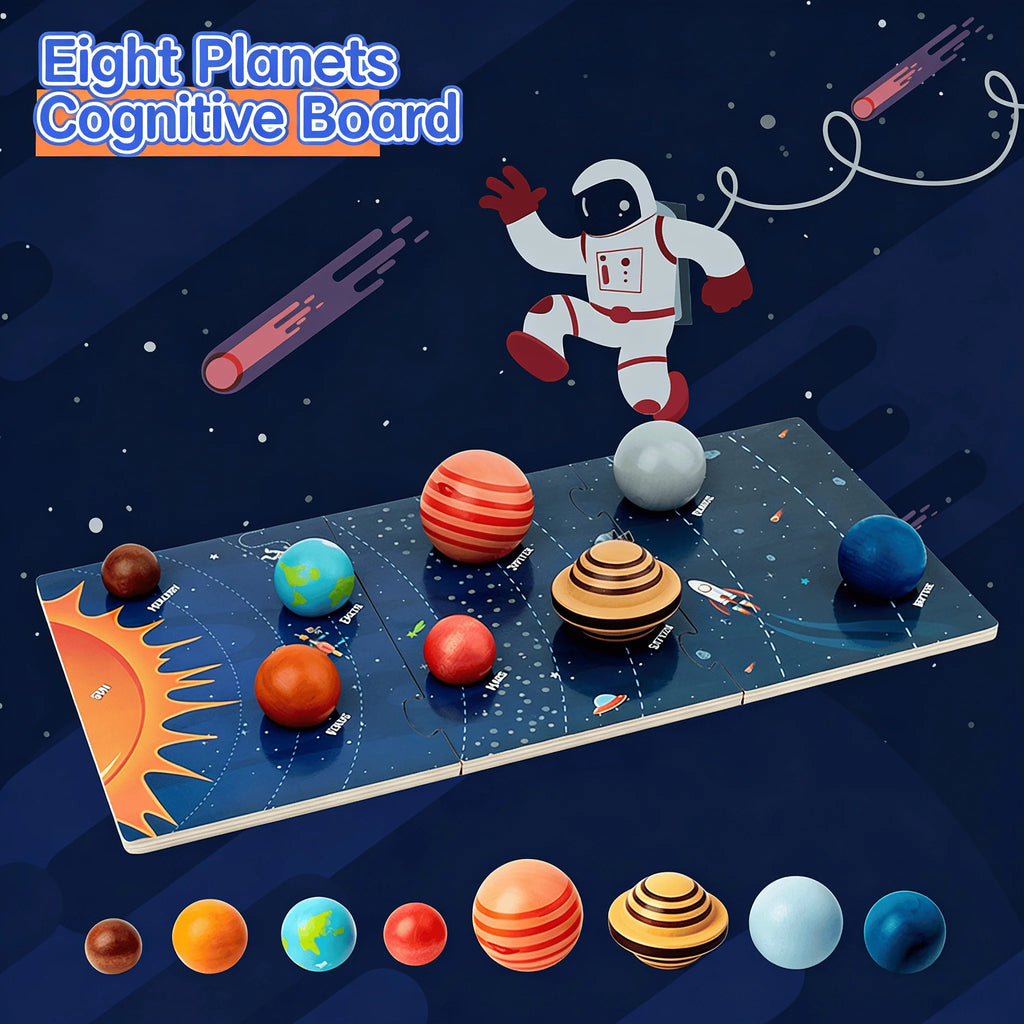 3D Planet Wooden Solar System Toy - 8 Planets with Balls & Cards - Montessori Astronomy for Kids 3+ - Safe Water-Based Paint