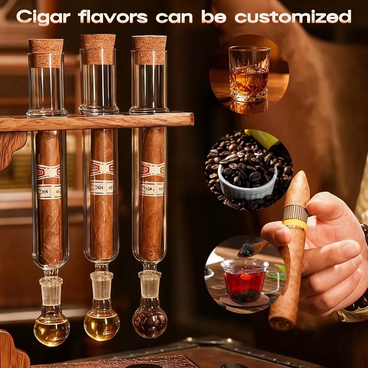 Glass Cigar Tubes Humidor Set, Cigar Flavor Infuser, Ball Base & Wooden Plug, Cigar Incense Glass Tube Set, Cigar Humidor