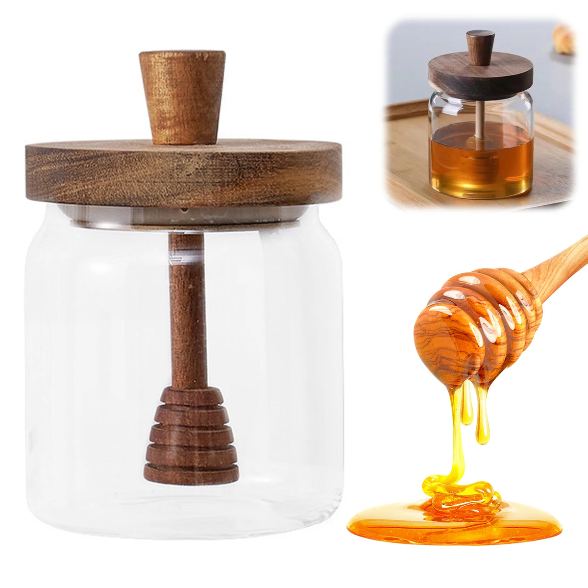 1/3/5PCS Glass Sealed Tank Honey Jar With Wooden Lid Mixing Rod Wood Dip Sticks Transparent Home Sealed Jar Kitchen Storage