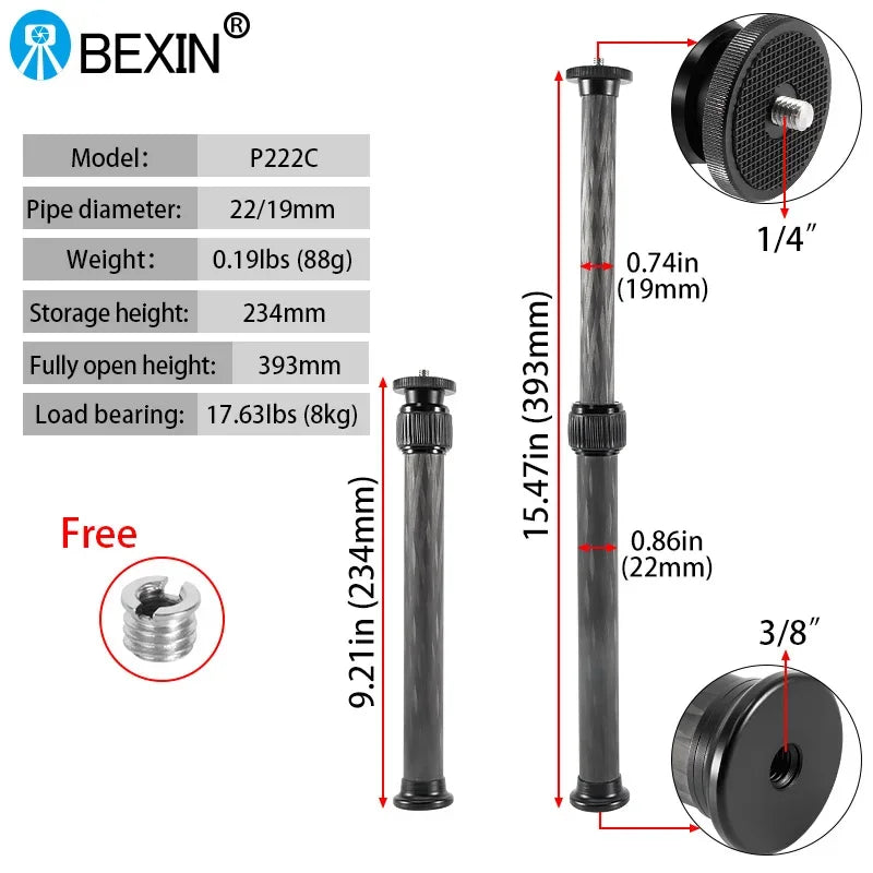 Universal 1/4 and 3/8 Interface Carbon Fiber Central Axis Extension Selfie Stick Camera Tripod Extension Pole Telescopic Pole