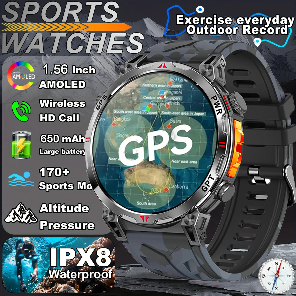 2026 New Outdoor GPS Sports Smartwatches Men Compass 5ATM Waterproof 24/7 Health Monitoring Chat GPT Bluetooth Call Smart Watch