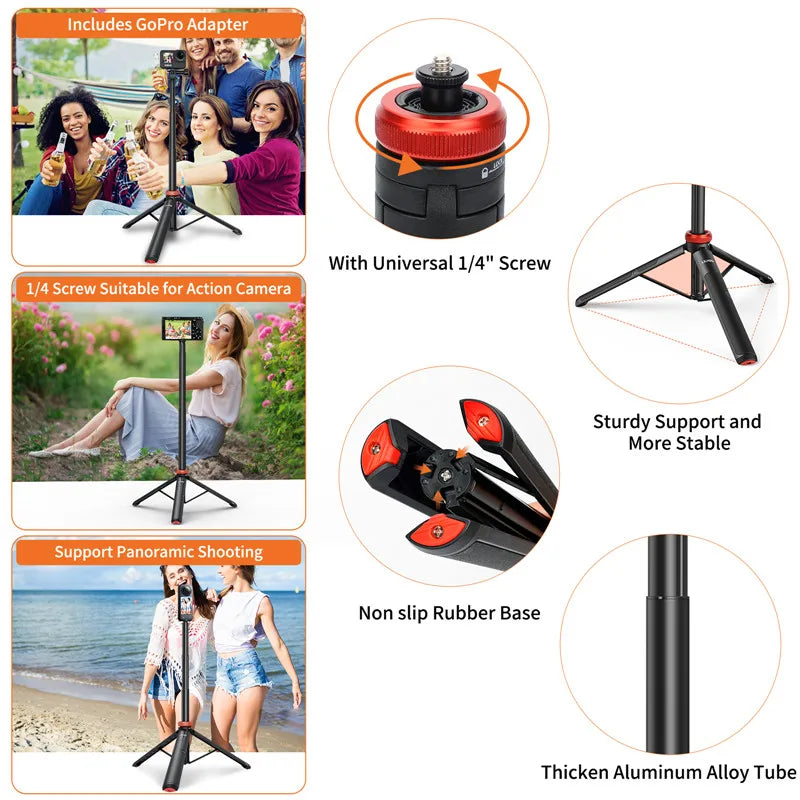 Aluminum extendable selfie stick tripod for GoPro Hero 13/12/11, Insta360 X4/X3, Osmo Action