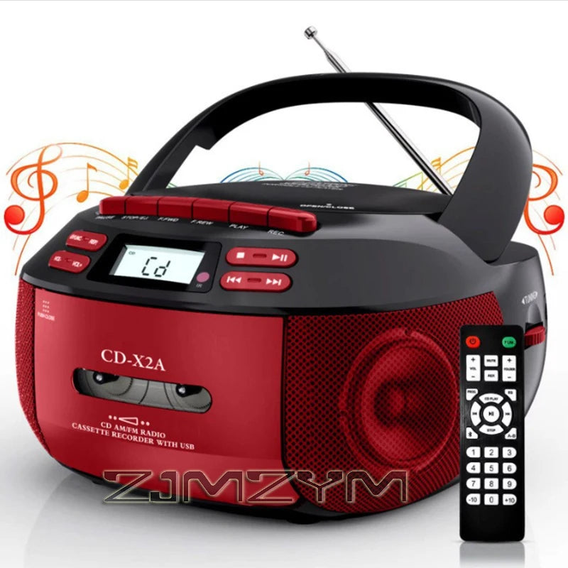 Portable CD Cassette Player Recorder Boombox with USB MP3 Radio Remote, AC/DC, Black