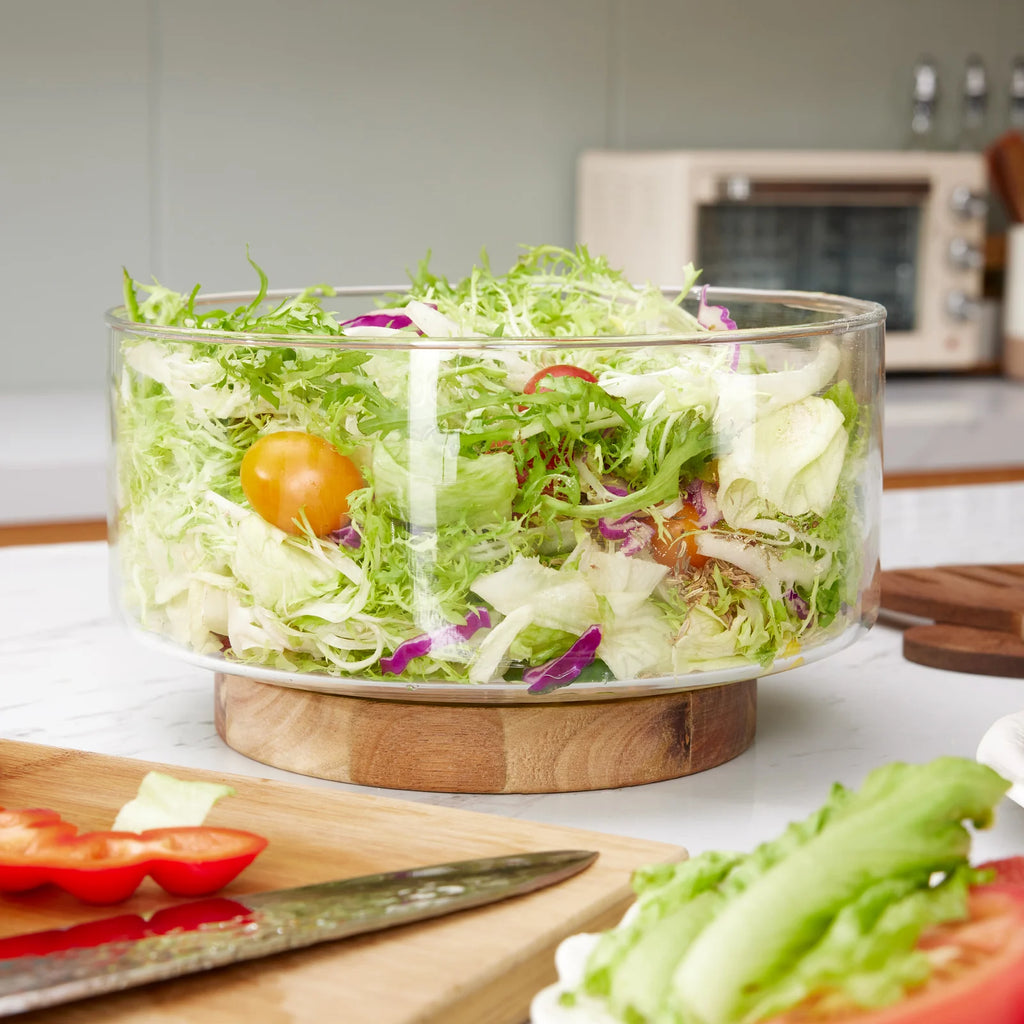 Glass Fruit Bowl Creative Large Salad Bowl Wood Base Snacks Popcorn Nuts Storage Bowls Home Christmas Snack Storage Container
