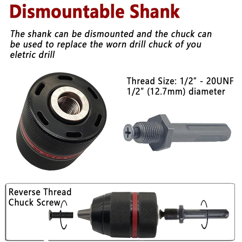 4pcs/set,2mm~13mm Threaded Metal Keyless Drill Chuck,1/2-20UNF Quick Change,Conversion Shank(Hex/SDS-Plus/Socket Square Adapter)