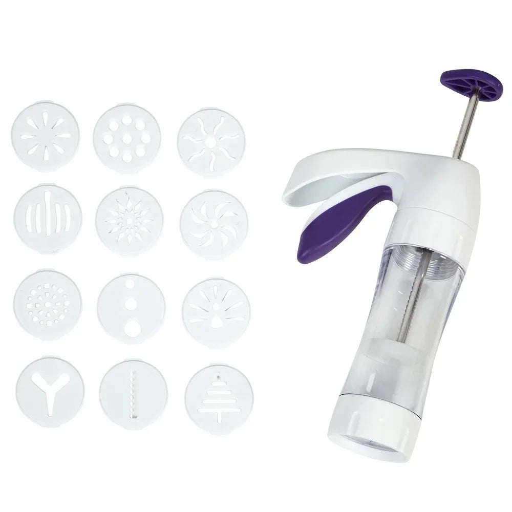 Ergonomic Cookie Press 13-Piece Set Spritz Cookie Maker Soft-Touch Trigger Clear Barrel Includes 12 Shapes Easy Baking
