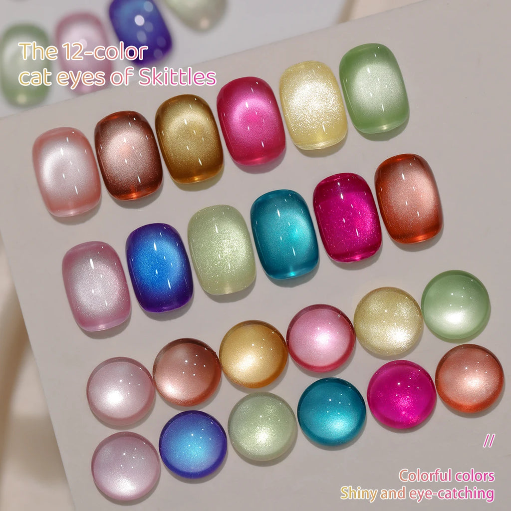 XEJAYI 12pcs 15ml Rainbow Candy Cat Eye Gel Nail Polish Set,UV LED Soaking Nail Gel, Semi-Permanent, DIY Salon Quality Nail Art