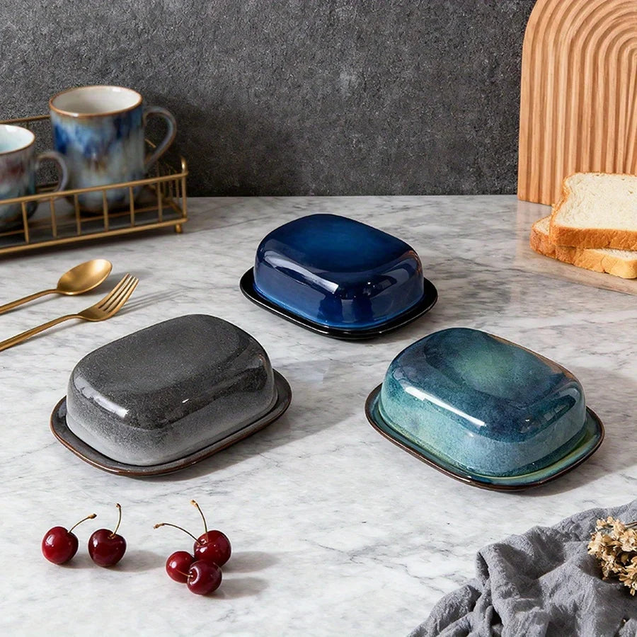 1pc Retro Kiln-change Ceramic Butter Dish with Lid, Porcelain Butter Dish for Countertop Butter Keeper Butter Holder Container f