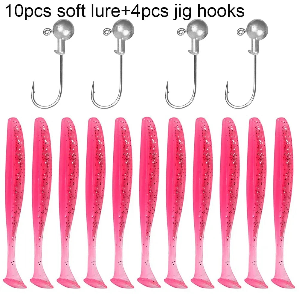14PCS Gear Kit 10PCS Soft Lure 5.5cm 7cm 10cm T Tail Worm 4PCS Jigging Head Hook 3g 5g 10g Metal Jig Fishing Pesca Swimbait Bait