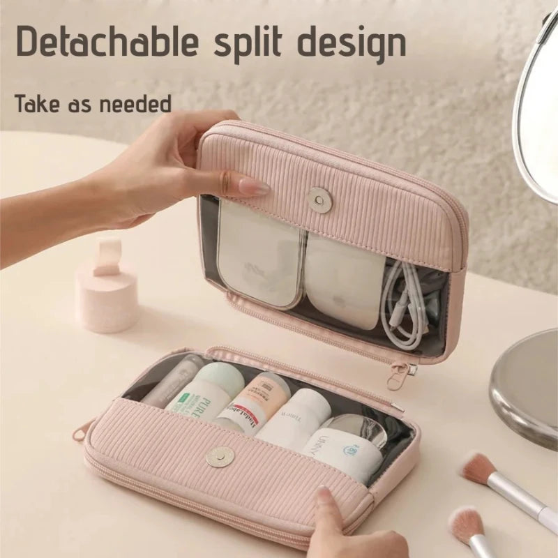 Travel Makeup Bag Waterproof Double Layer Cosmetic Organizer with Clear Window, Beige/Pink/Black/Purple