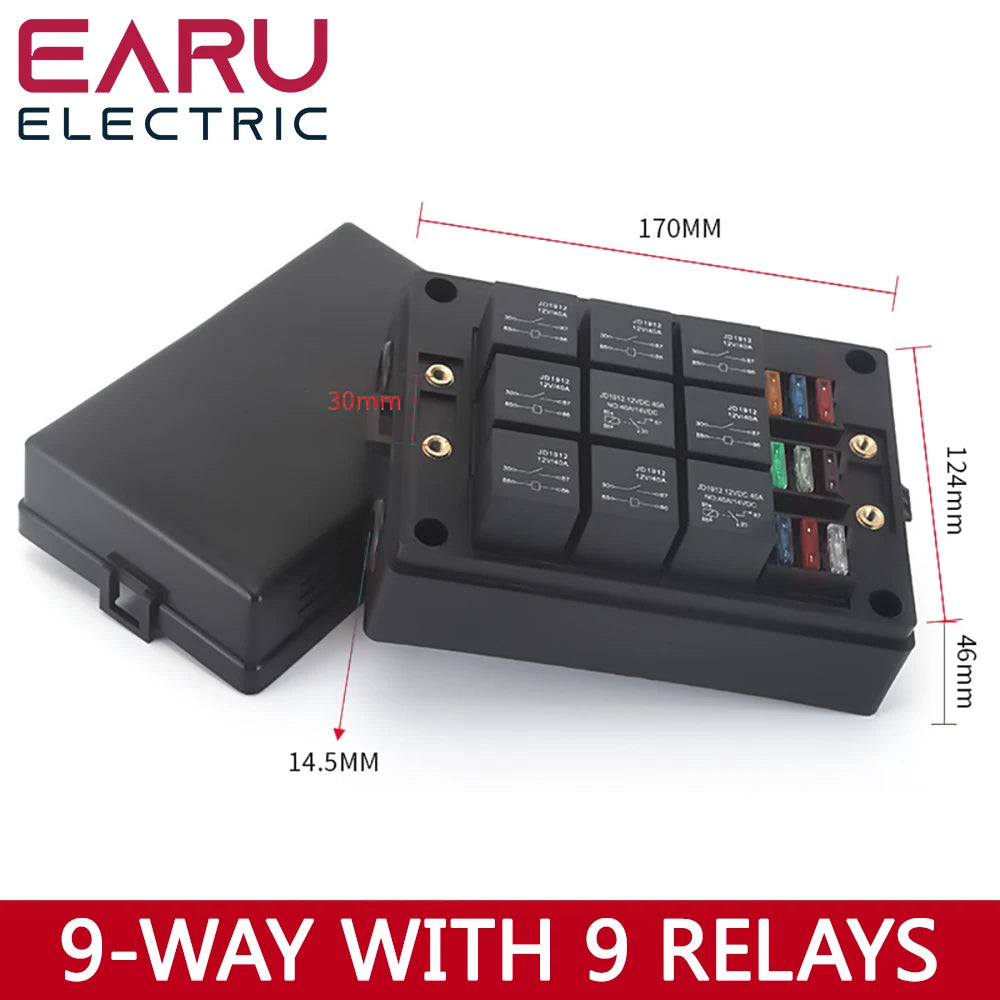 Earu automotive fuse box with relay block assembly, 3-15 way circuit protection (style options)
