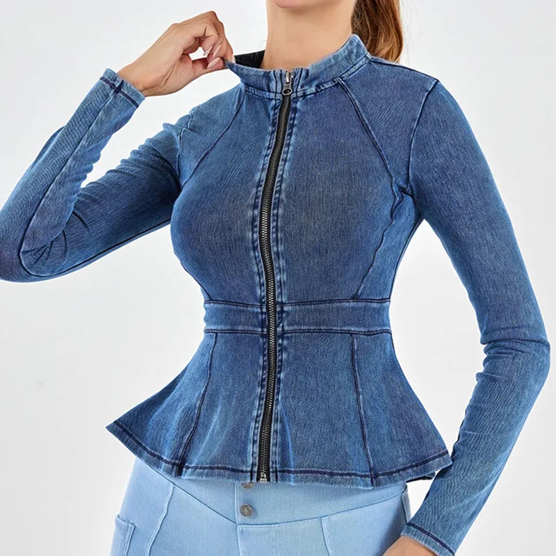 Autumn Winter New Arrival Denim Yoga Zipper Jacket Women Gym Fitness High Collar A-line Hem Slimming Long Sleeve Workout Tops