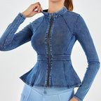 Autumn Winter New Arrival Denim Yoga Zipper Jacket Women Gym Fitness High Collar A-line Hem Slimming Long Sleeve Workout Tops