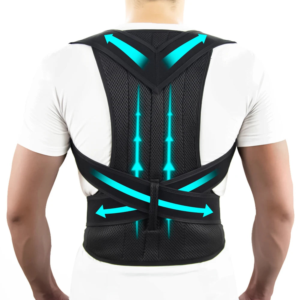 Back Brace Posture Corrector Shoulder Support Adjustable Full Back, Black, Sizes S-3XL