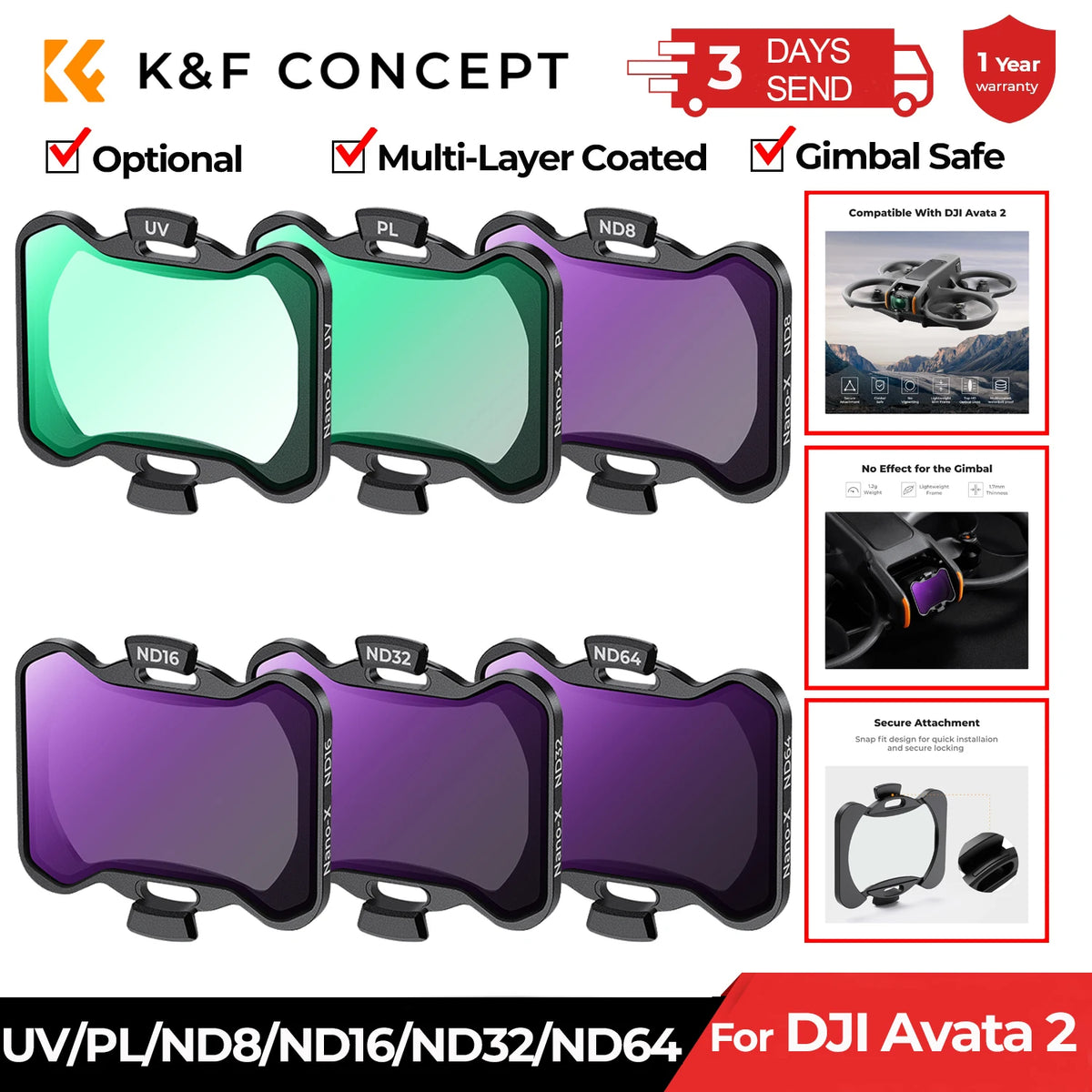 K&F Concept DJI Avata 2 Filter Set UV CPL ND8 ND16 ND32 ND64 Multi-Coated