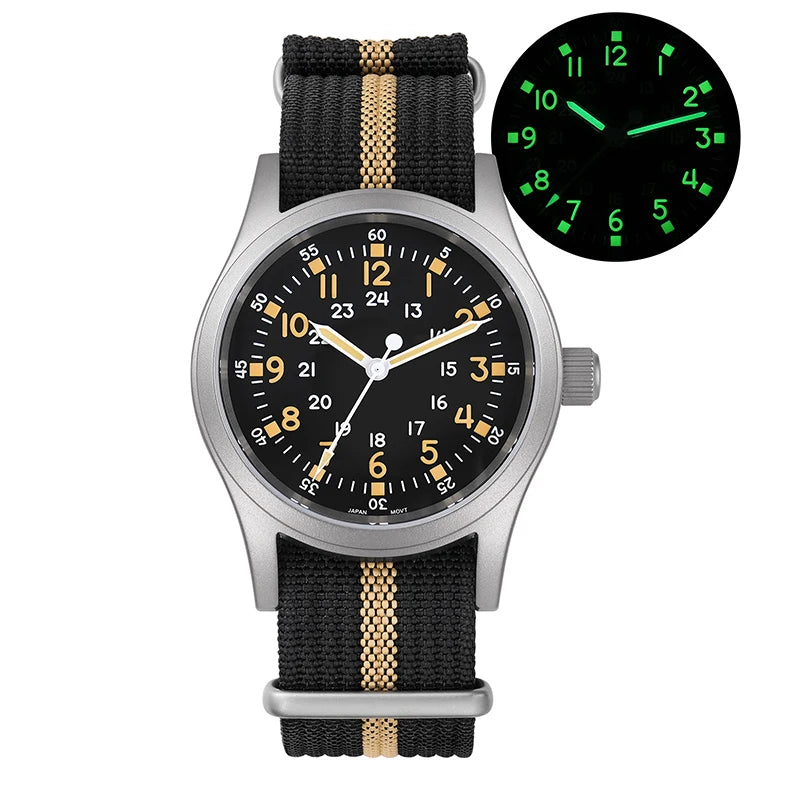 Militado Ml05 Vintage Field Watch VH31 Sweep Second Quartz Movement Sapphire Crystal High Clear AR Coating Luminous 38Mm Watches