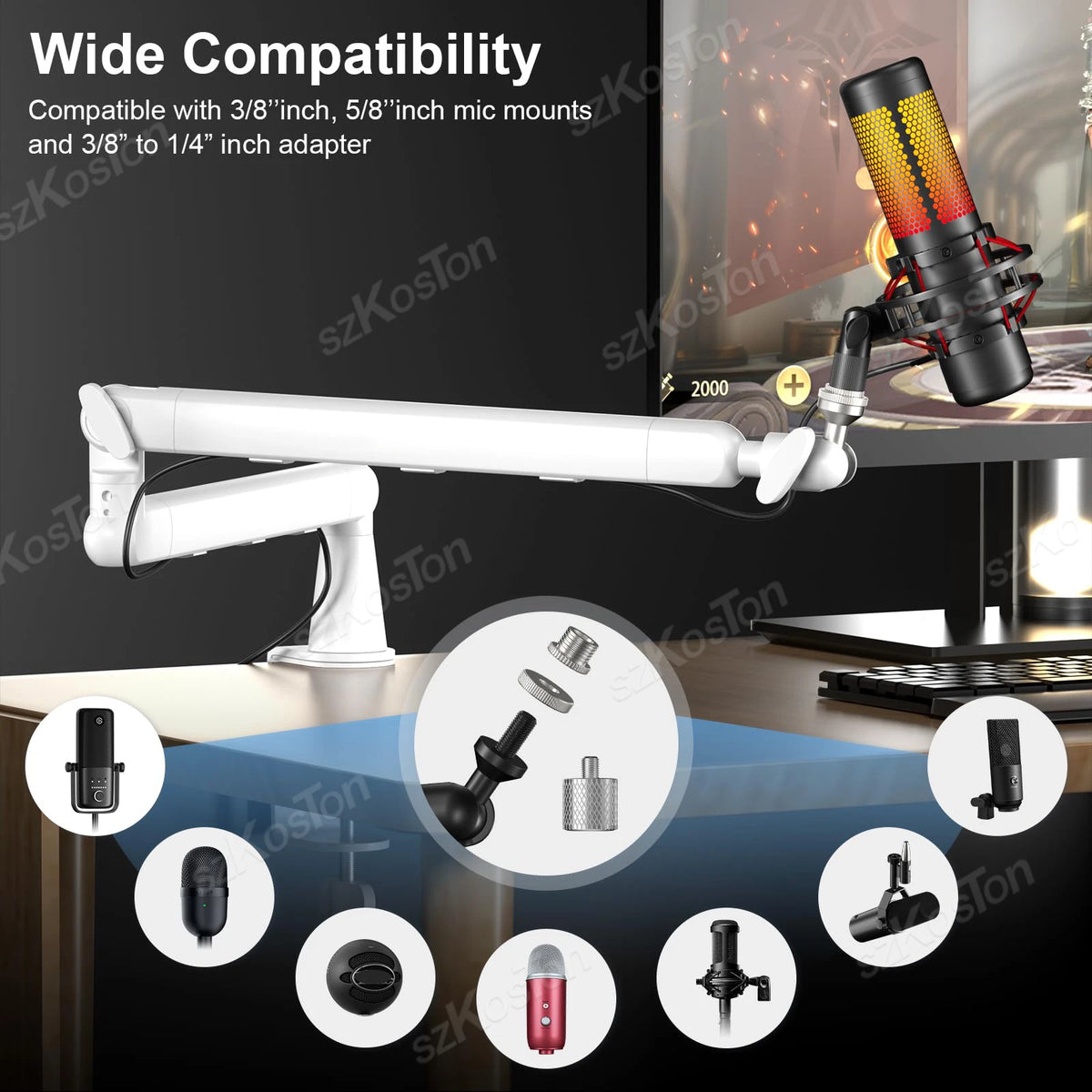 White Microphone Boom Arm Adjustable Low Profile Mic Stand with Extended Riser & Cable Management for SM7B MV7 AM8 K688 HyperX