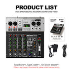 Debra DG04S 4-Channel Mixing Soundcard, Mixer, Bluetooth 5.0, 24-bit/192k Sample Rate, OTG Interface, 48V Phantom Power for Bars