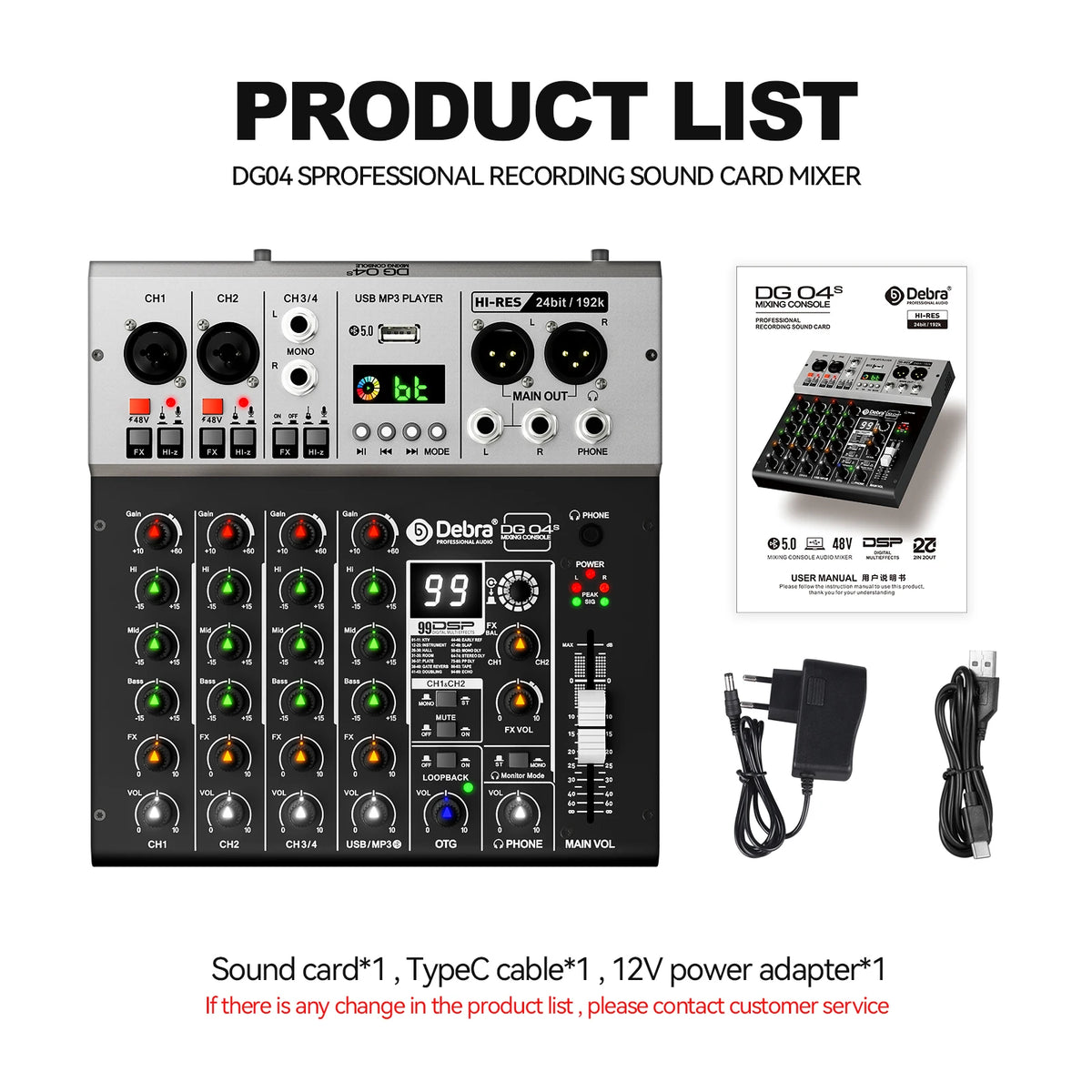 Debra DG04S 4-Channel Mixing Soundcard, Mixer, Bluetooth 5.0, 24-bit/192k Sample Rate, OTG Interface, 48V Phantom Power for Bars