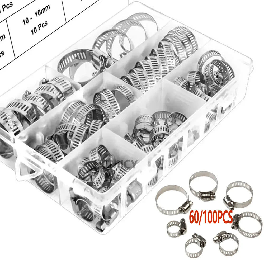 60/100pcs Adjustable Hose Clamps Stainless Steel Hoop Clamp Hose Clamp for Pipe Fuel Tube Faucet Fasteners Assortment Kit