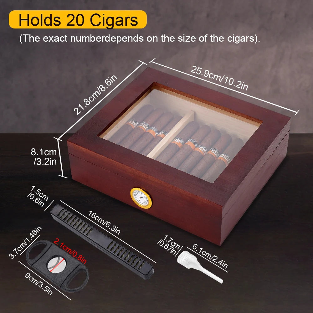 Cigar Humidor, Cedar Wood Desktop Humidors Case with Digital Hygrometer, Humidifier & Divider, Cigar Gift for Men, Glass Top Box
