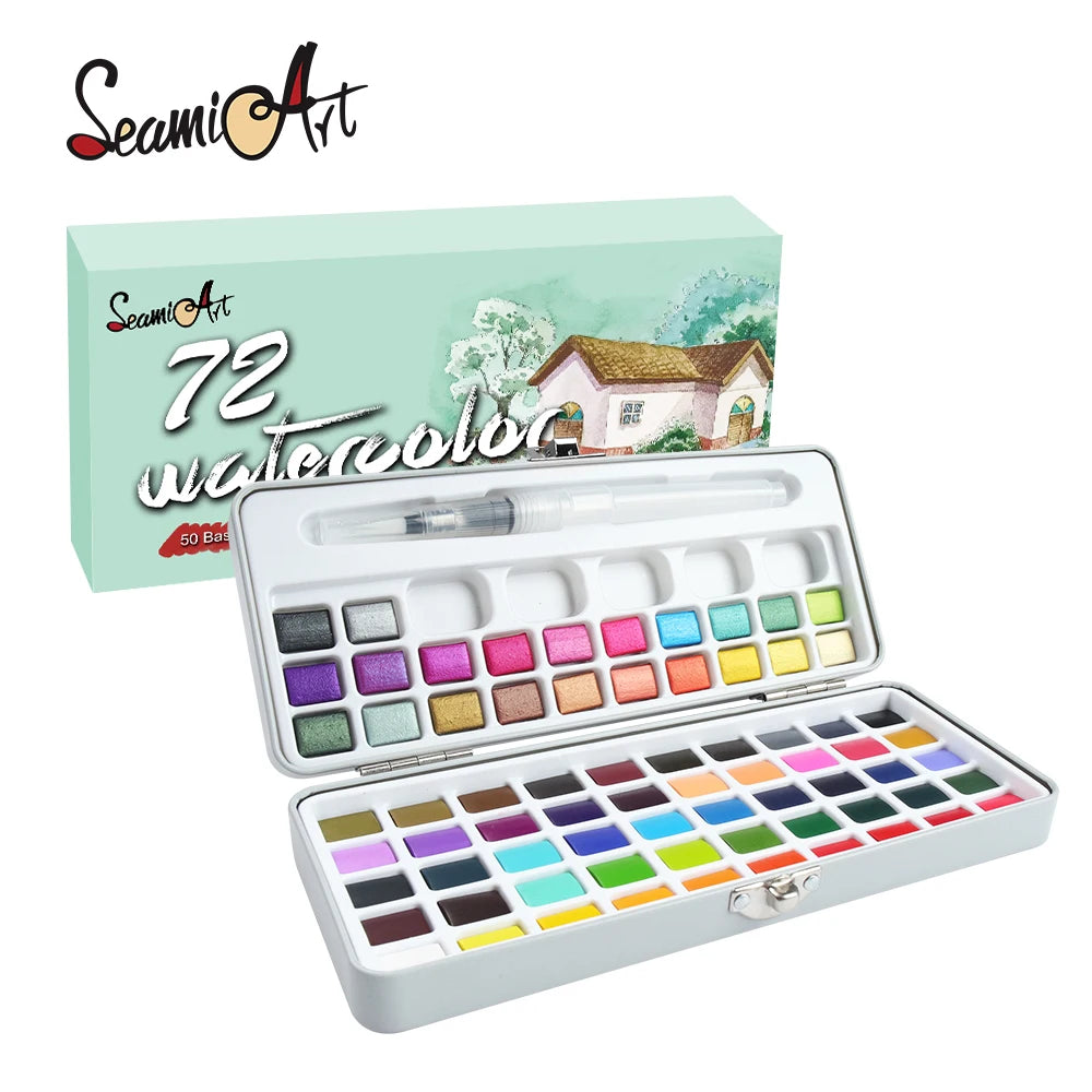 Seamiart 50/72/90/100 Color Solid Watercolor Paint Set Basic Neone Glitter Watercolor Pigments for Drawing Art Paint Supplies