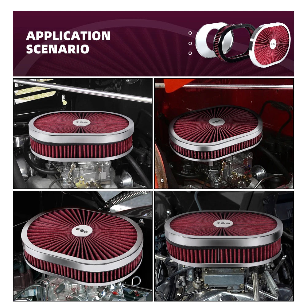 ZSRacing 12"x2" Oval Super Flow Thru Air Cleaner Washable For SBC Chevy Ford Chryler Dodge 5-1/8 Carb Neck OFI131