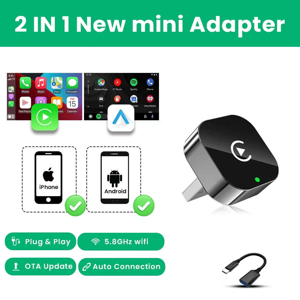 2026 Super Mini Carplay AI Box Wired to Wireless CarPlay/Android Auto 2in1 Box 5GHz WiFi for 98% Original Wired CarPlay/Auto Car