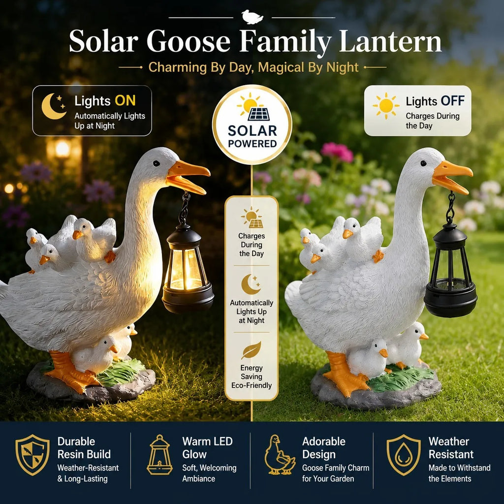 Solar Duck Garden Statue With Lantern, Resin Goose Family Figurine LED Light Waterproof Outdoor Home Decor For Patio, Lawn, Pond
