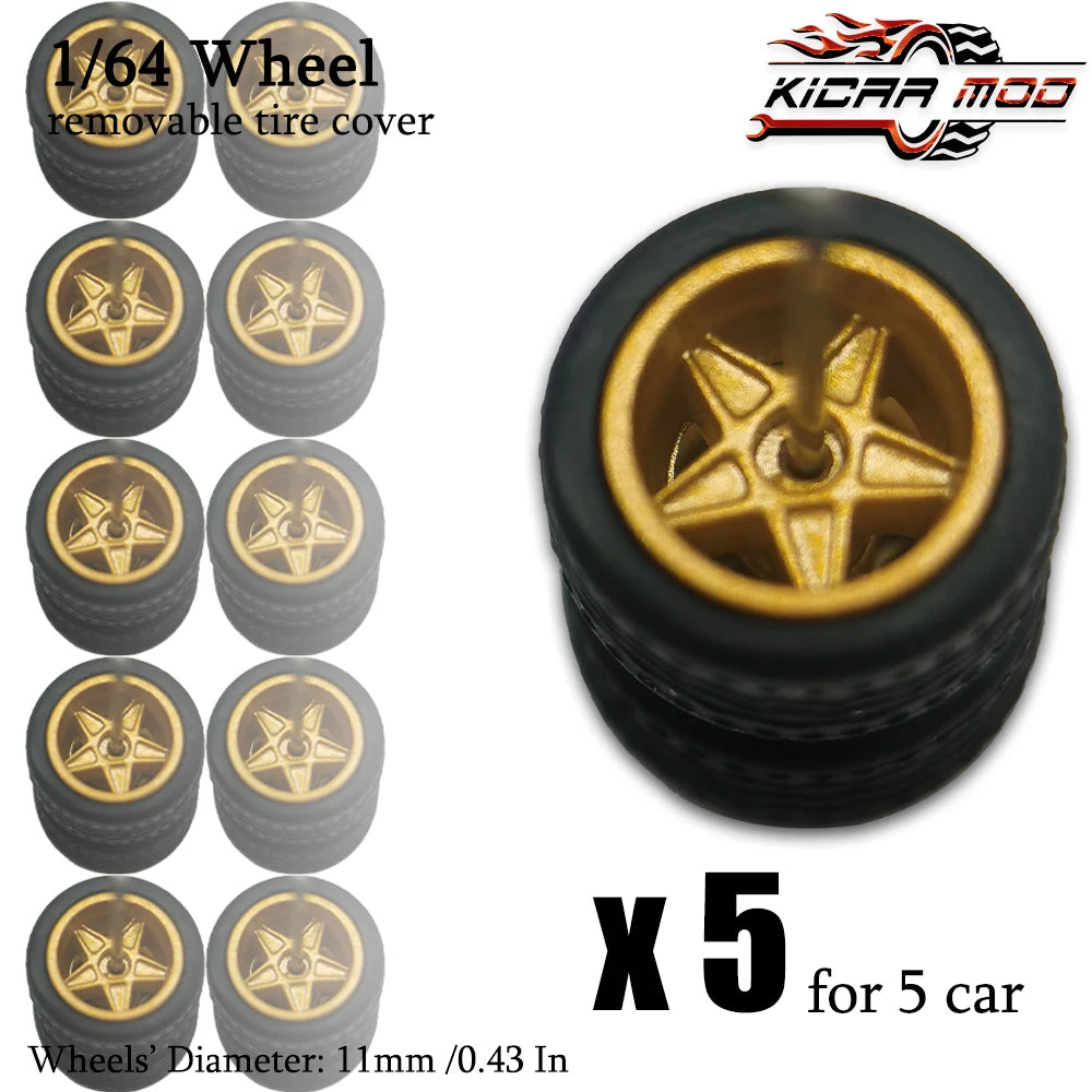 1/64 Wheels with Detachable Rubber Tires Electroplated Color for Toy Model Diecast Cars Refiting Parts for Hotwheels (5 sets)