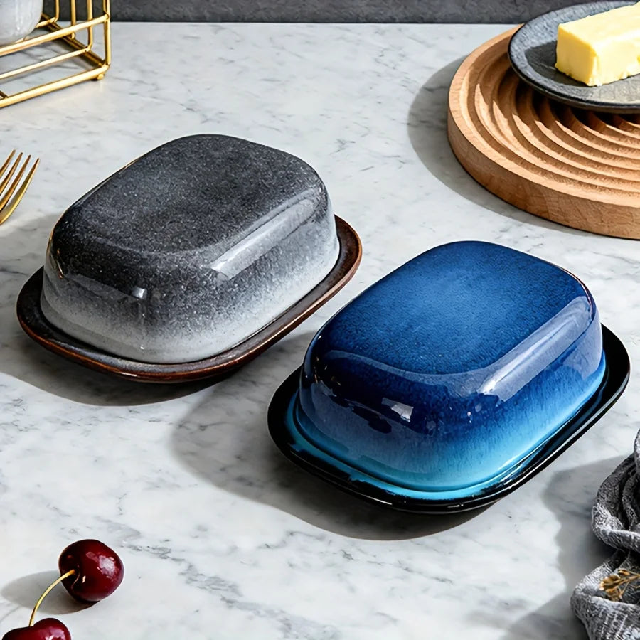 1pc Retro Kiln-change Ceramic Butter Dish with Lid, Porcelain Butter Dish for Countertop Butter Keeper Butter Holder Container f