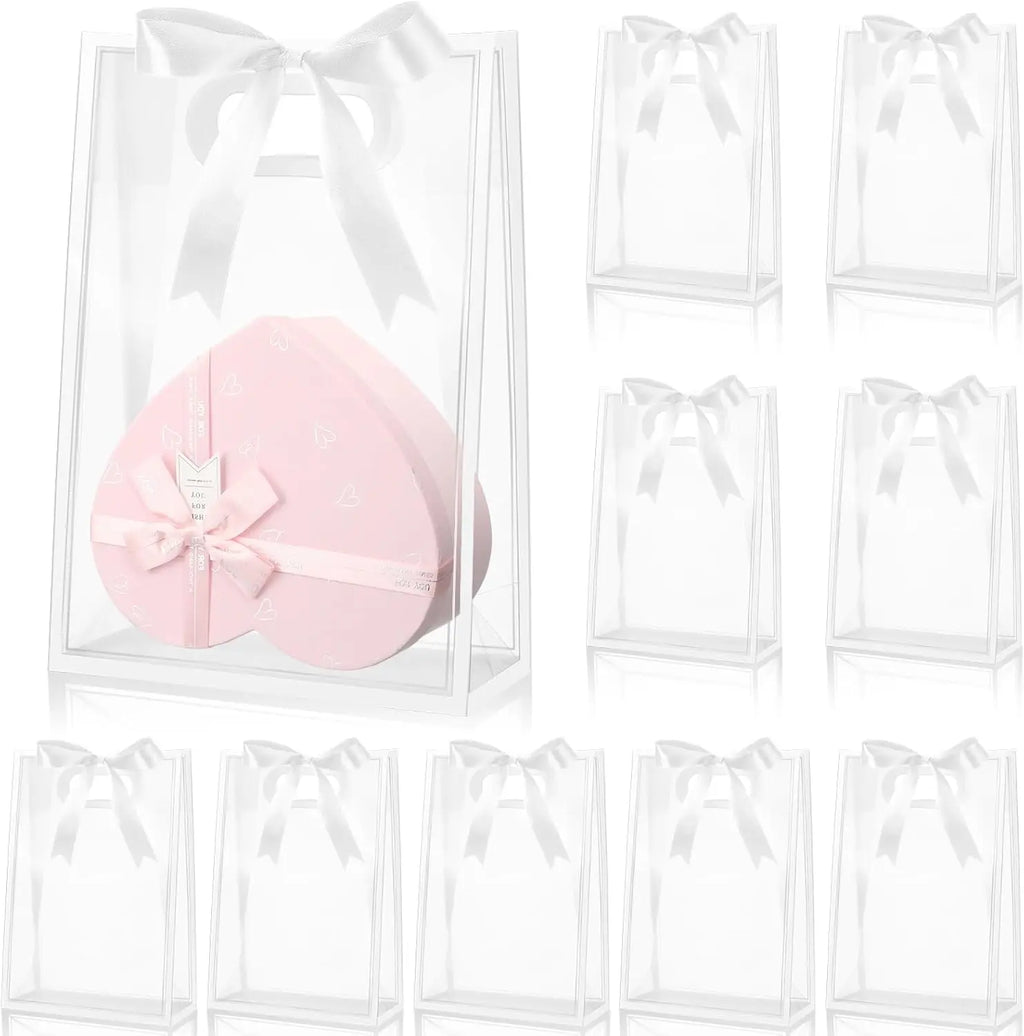 10Pcs Clear Plastic Gift Bag with Die Cut Handles Reusable PP Flower Bag with Ribbon for Wedding Bridal Birthday Party Business