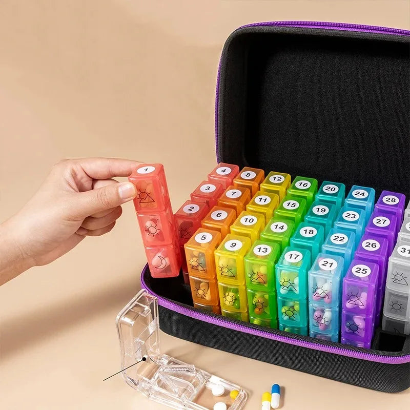 Monthly Pill Organizer Hard Case, 32 Compartments, 3 Times a Day, Black/Blue/Butterfly
