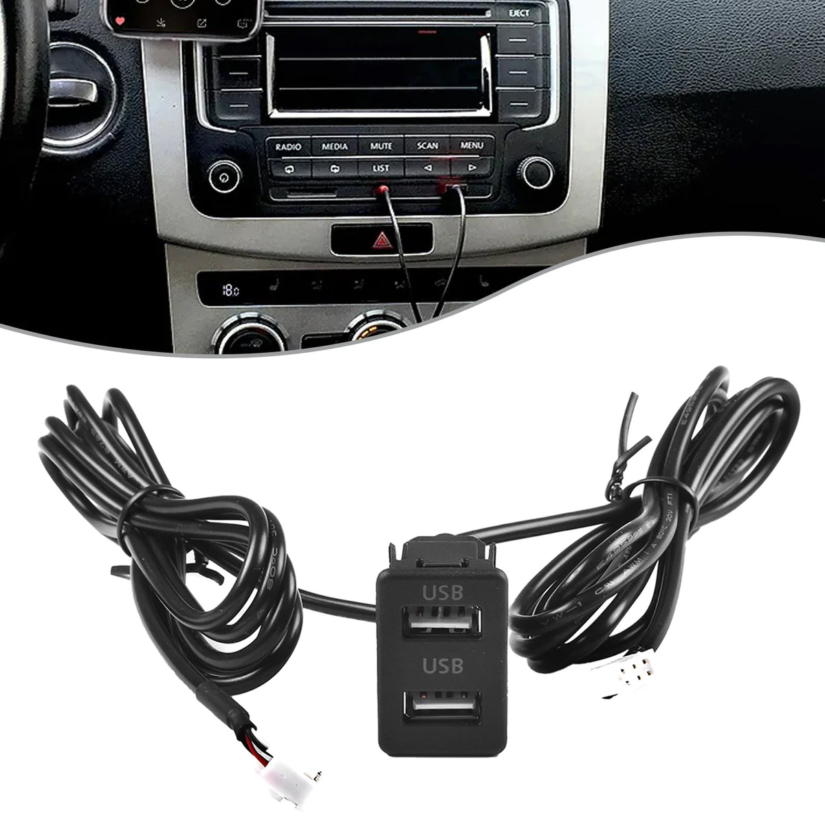 Car Dash Mount Dual USB Port Panel Interface Extension 145cm Cable Adapter Dual USB TypeC Port Panel AUX Extension Cable Adapter