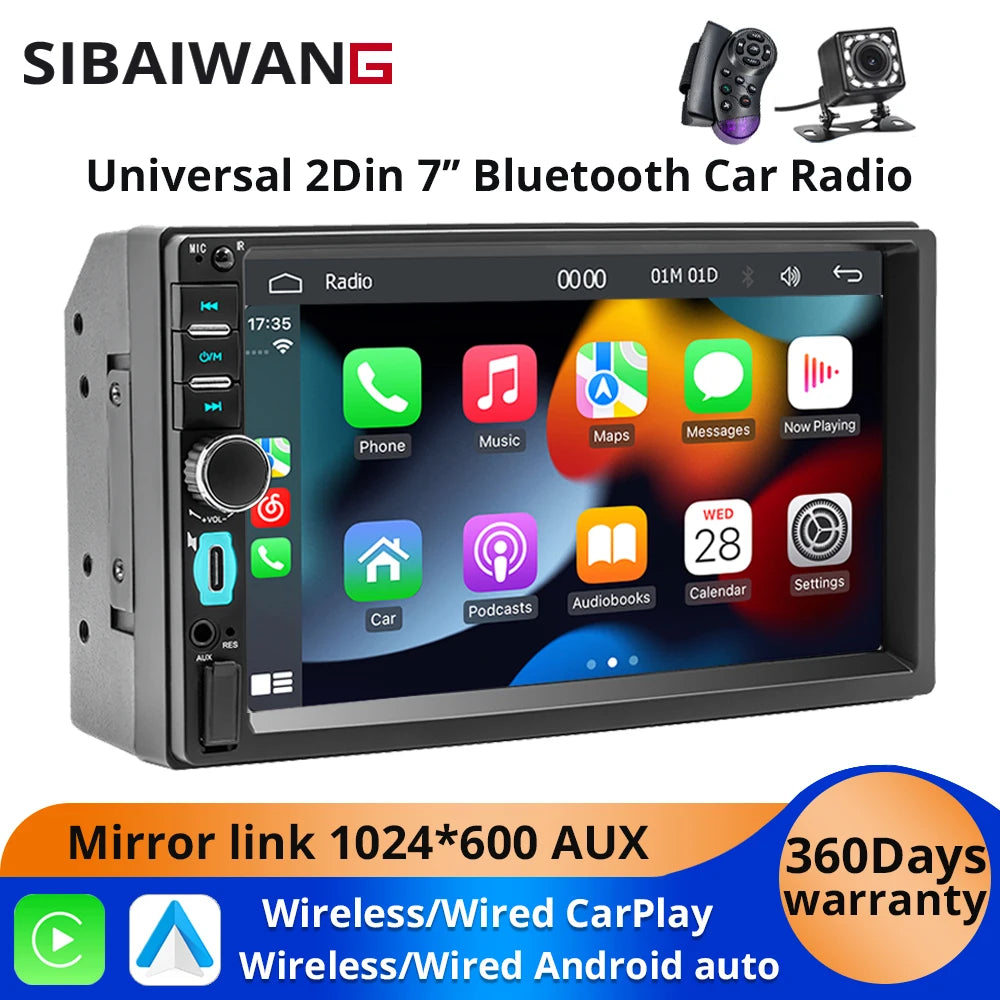 2Din 7'' Bluetooth Car Radio Wireless Carplay Android Auto MP5 For Car Mirror Link Type-C Charging AUX FM Universal Car Audio