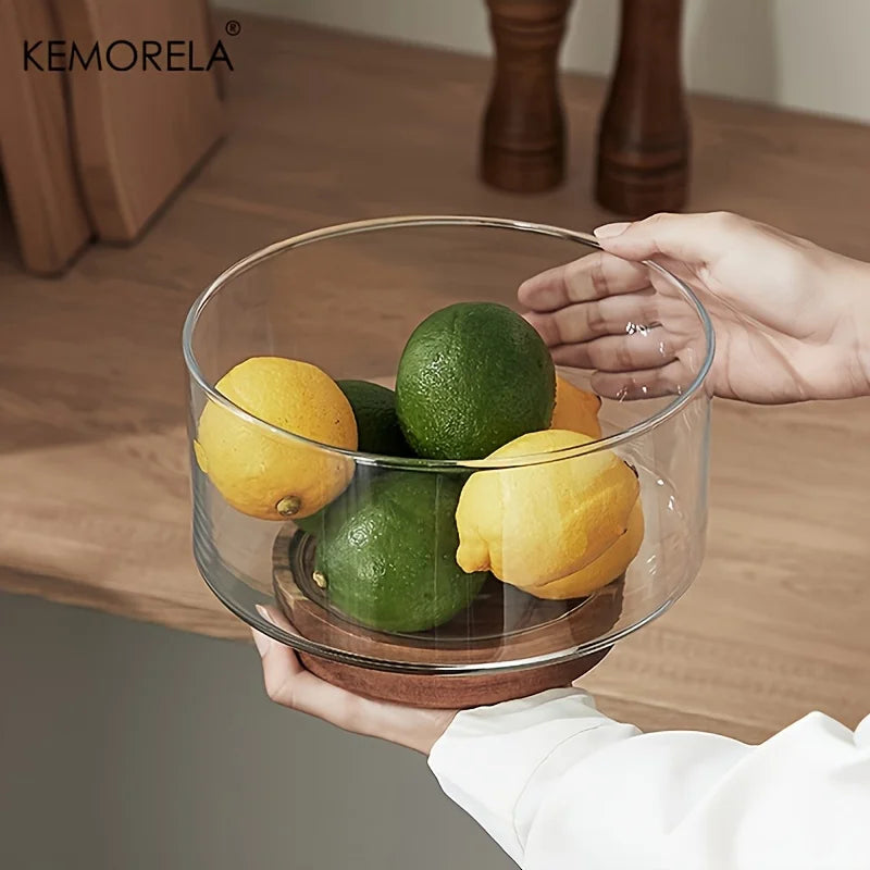 Glass Fruit Bowl Creative Large Salad Bowl Wood Base Snacks Popcorn Nuts Storage Bowls Home Christmas Snack Storage Container