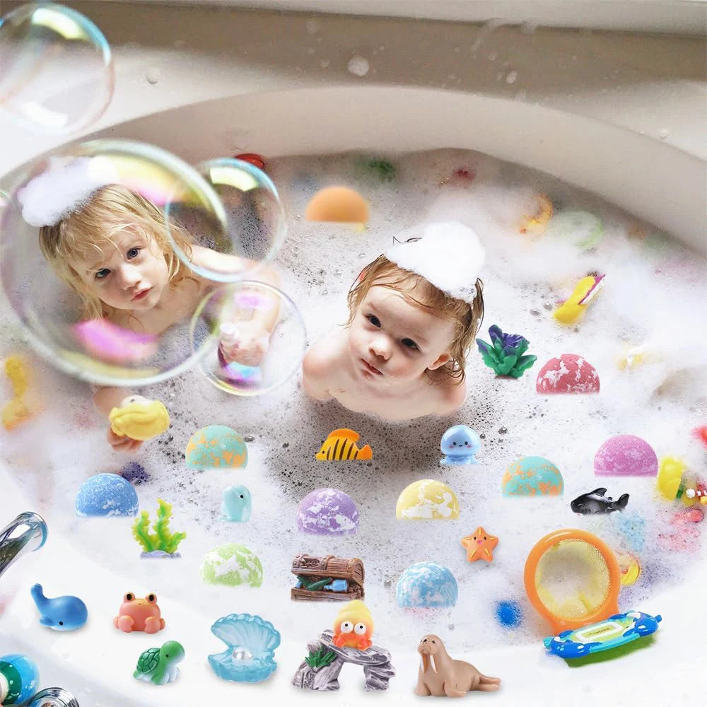 Children’s 12-Piece Bath Salts Gift Set with Hidden Toys Organic Safe Ocean Bubble Bath Perfect for Sensory Play Bathtime Fun