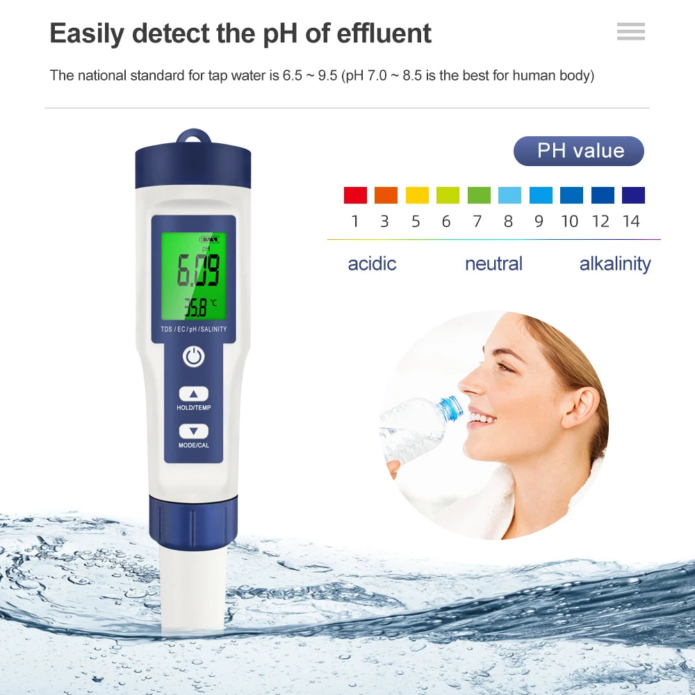 Professional Water Quality Tester 5 In 1 TDS/PH/EC/Temp /Salinity Meter Water Analyzer for Pools Drinking Water Aquarium Monitor