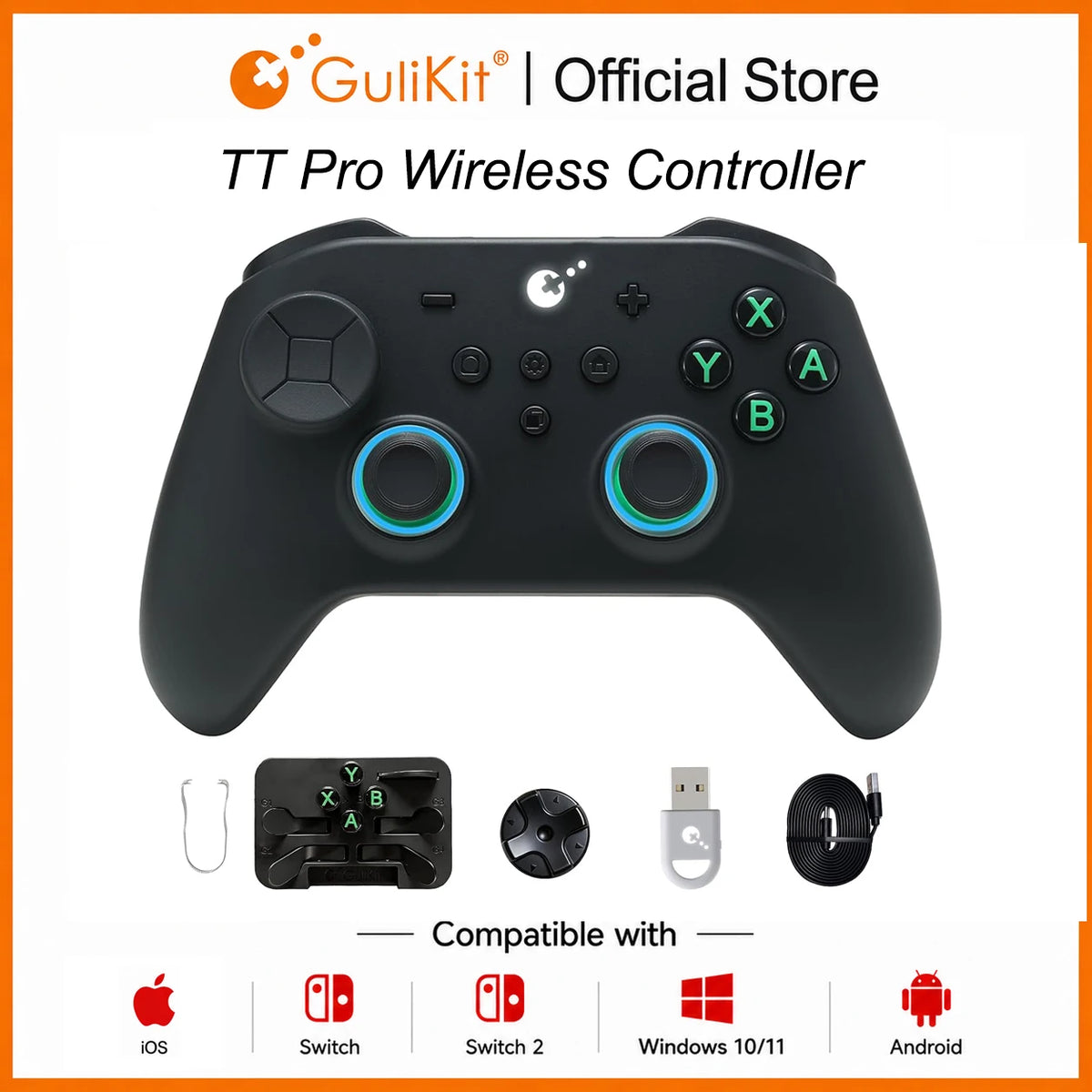 GuliKit TT Pro Wireless Game Controller TMR Joysticks + Hyperlink 2 Adapter for Switch/PC/Mobile