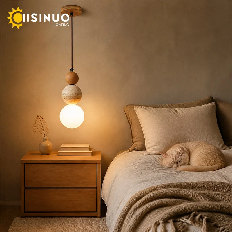 Wabi Sabi Cream Style Pendant Lamp Natural Stone Bedside Small Droplight LED Wooden Decor Light for Home Restaurant Bar Corridor