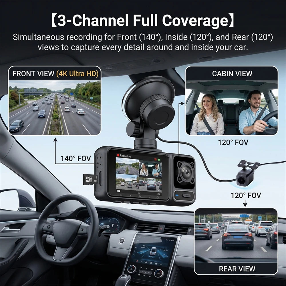 4K 3-Lens Dash Cam WiFi Car DVR Front Inside Rear Triple Camera 24H Parking Mode