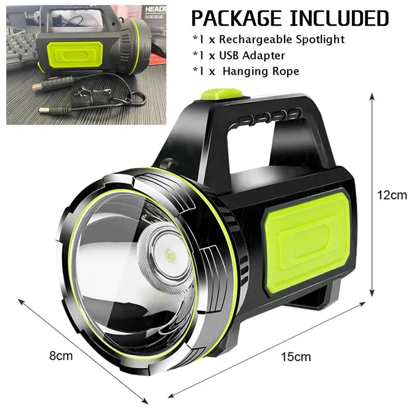 Rechargeable LED searchlight flashlight hand lamp, 2 light modes, waterproof, 1pc